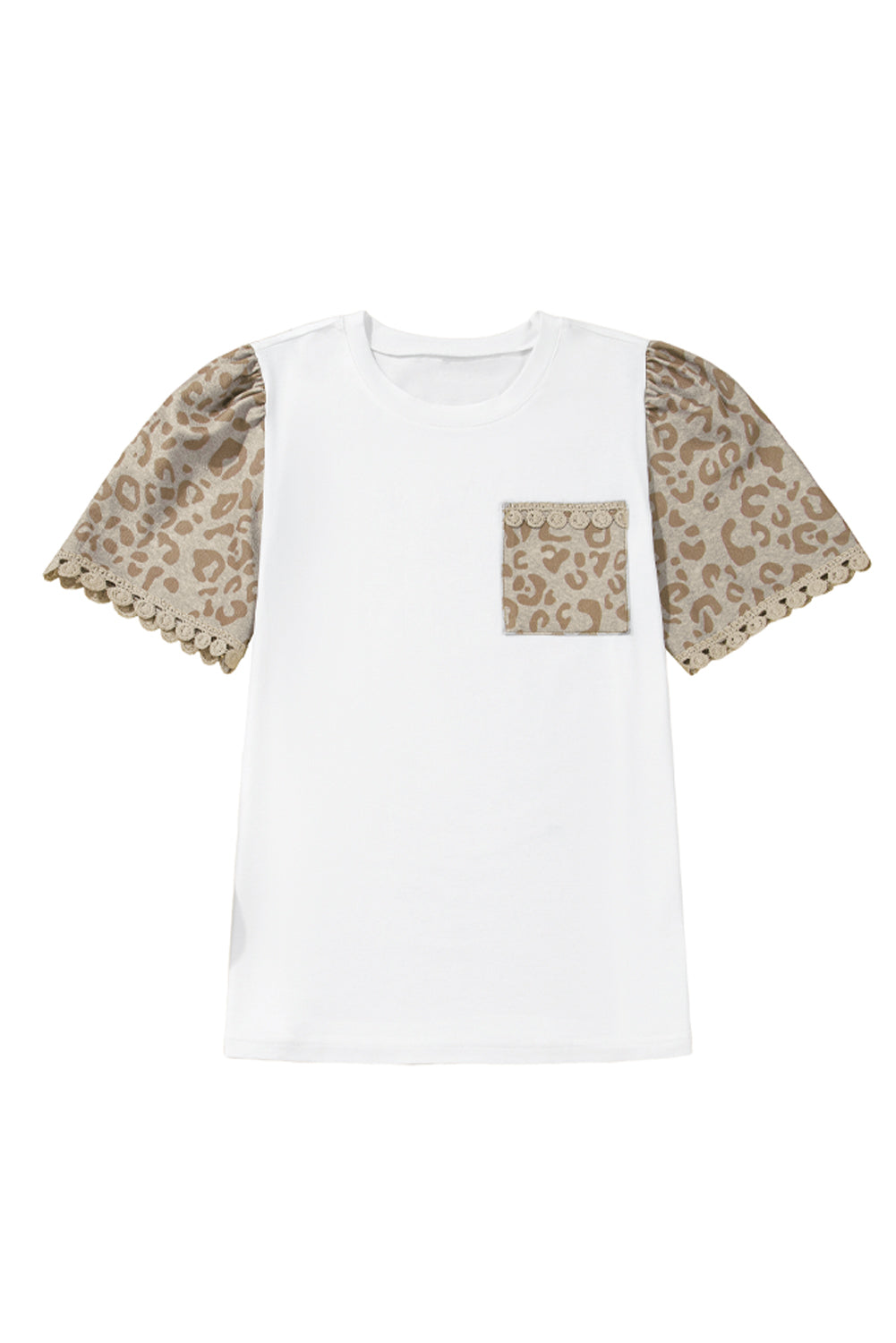 White Leopard Patchwork Crochet Lace Trim Puff Sleeve T Shirt