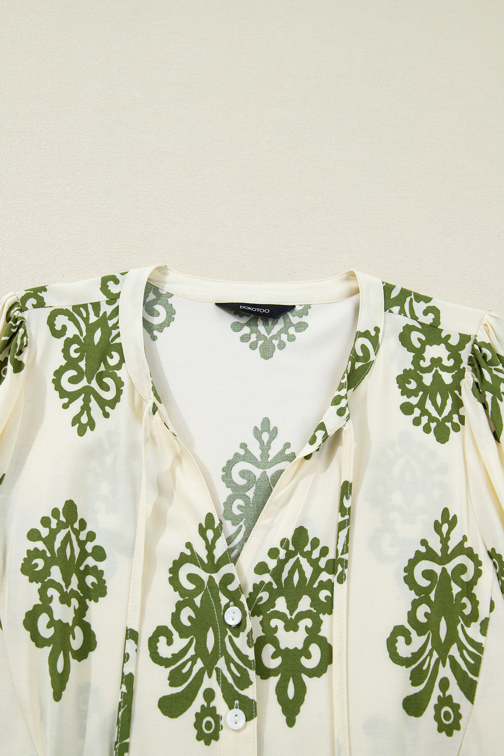 Apricot Floral Print Tie V Neck Button Down Puffy Half Sleeve Shirt