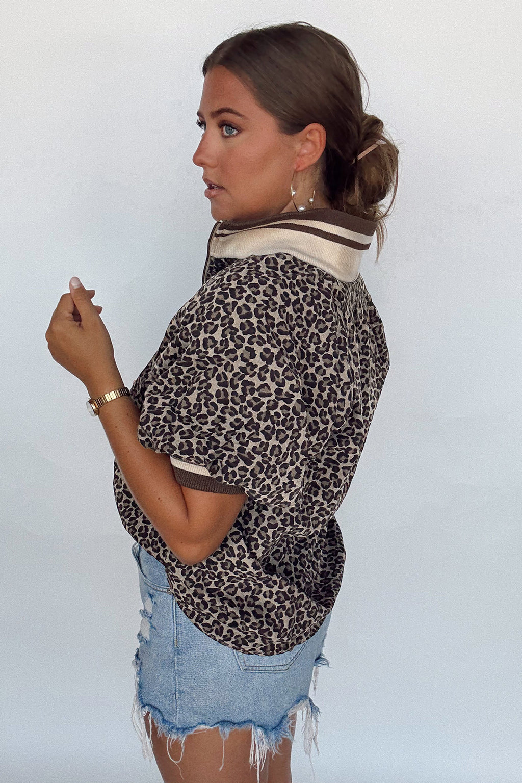 Brown Leopard Print Half Zip Striped Trim Patchwork Short Sleeve Top