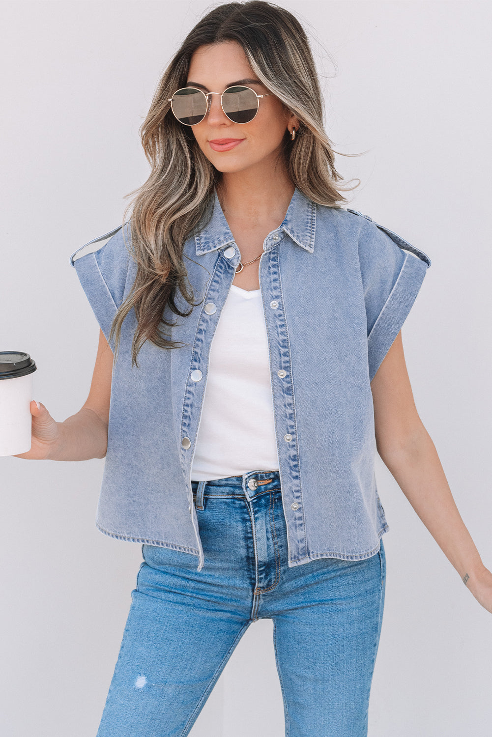 Dusk Blue Denim Pinup Folded Cap Sleeve Shirt