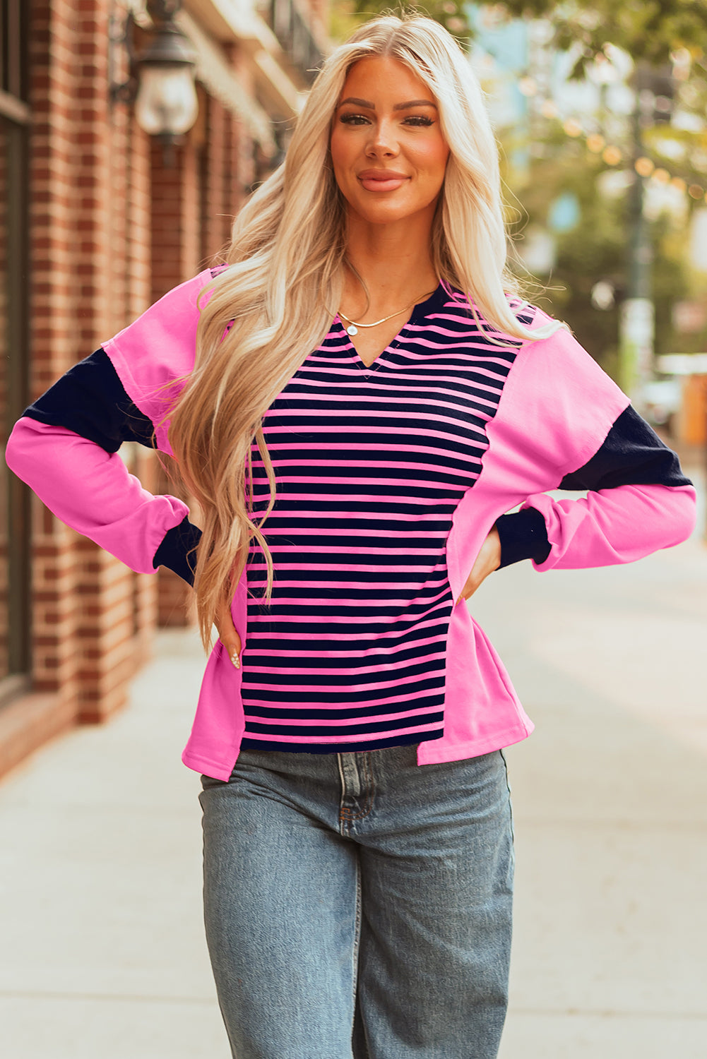Pink Stripe Color Block V Neck Loose Fit Long Sleeve Top