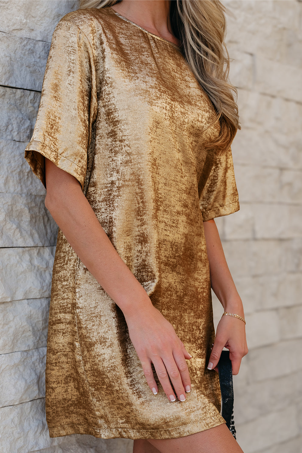 Gold Metallic Luster Crewneck Mini T-Shirt Dress