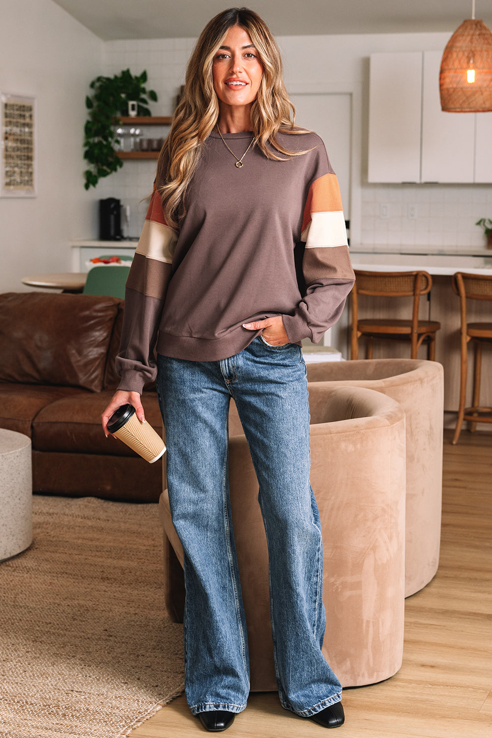 Dark Khaki Color Block Drop Shoulder Pullover Casual Sweatshirt