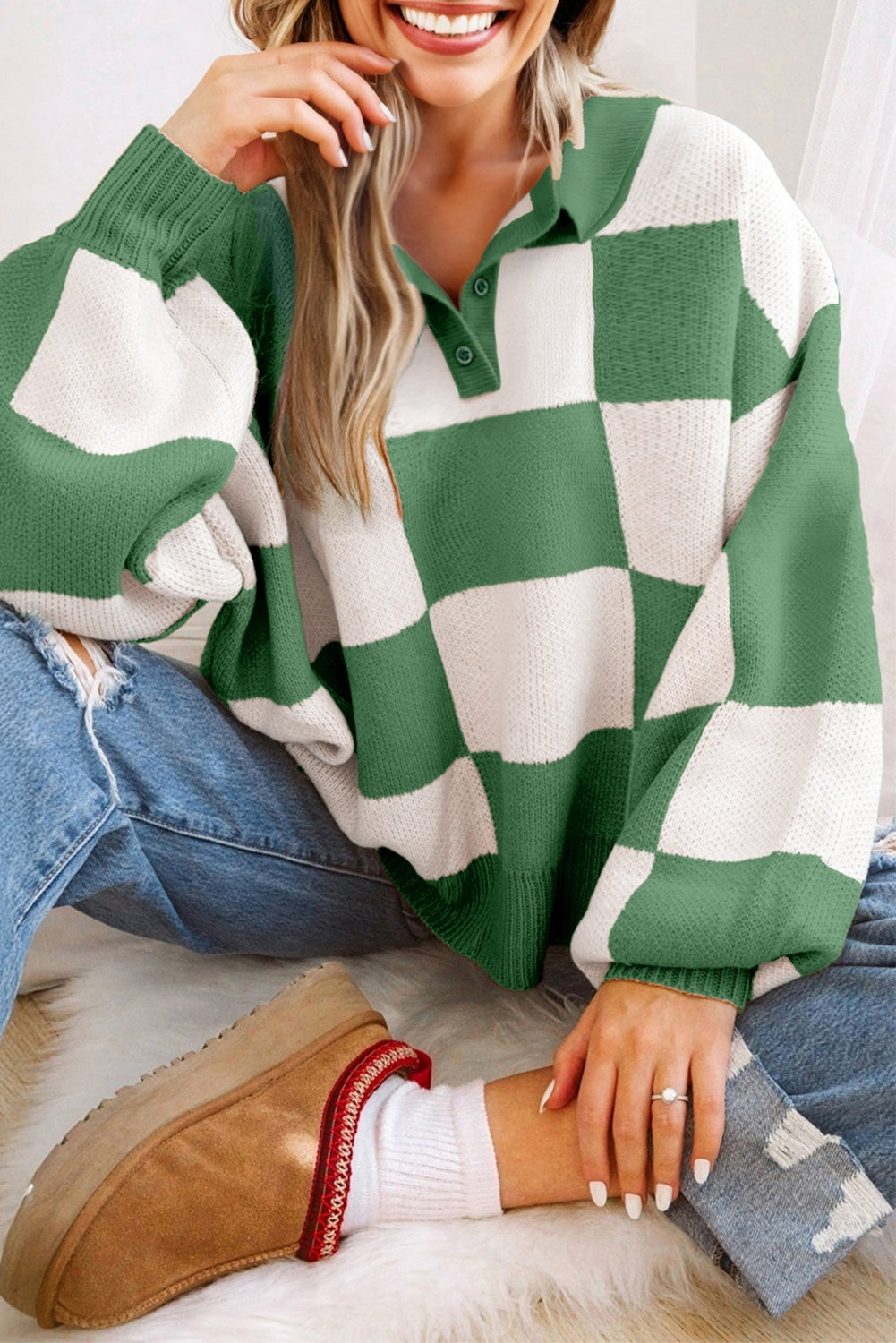 Mist Green Checkered Pattern Polo Collar Loose Sweater