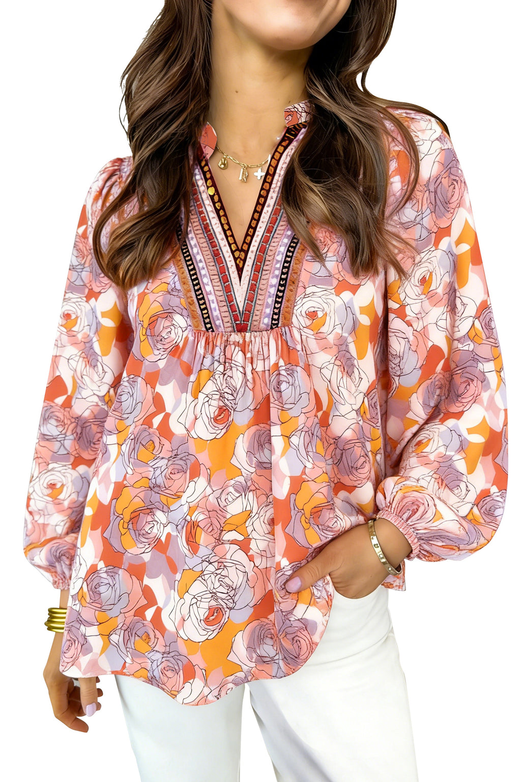 Pink Floral Print V Neck Long Sleeve Shift Blouse