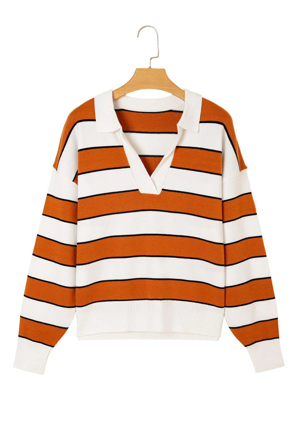 Brown Stripe Ribbed Polo Collar Drop Shoulder Sweater