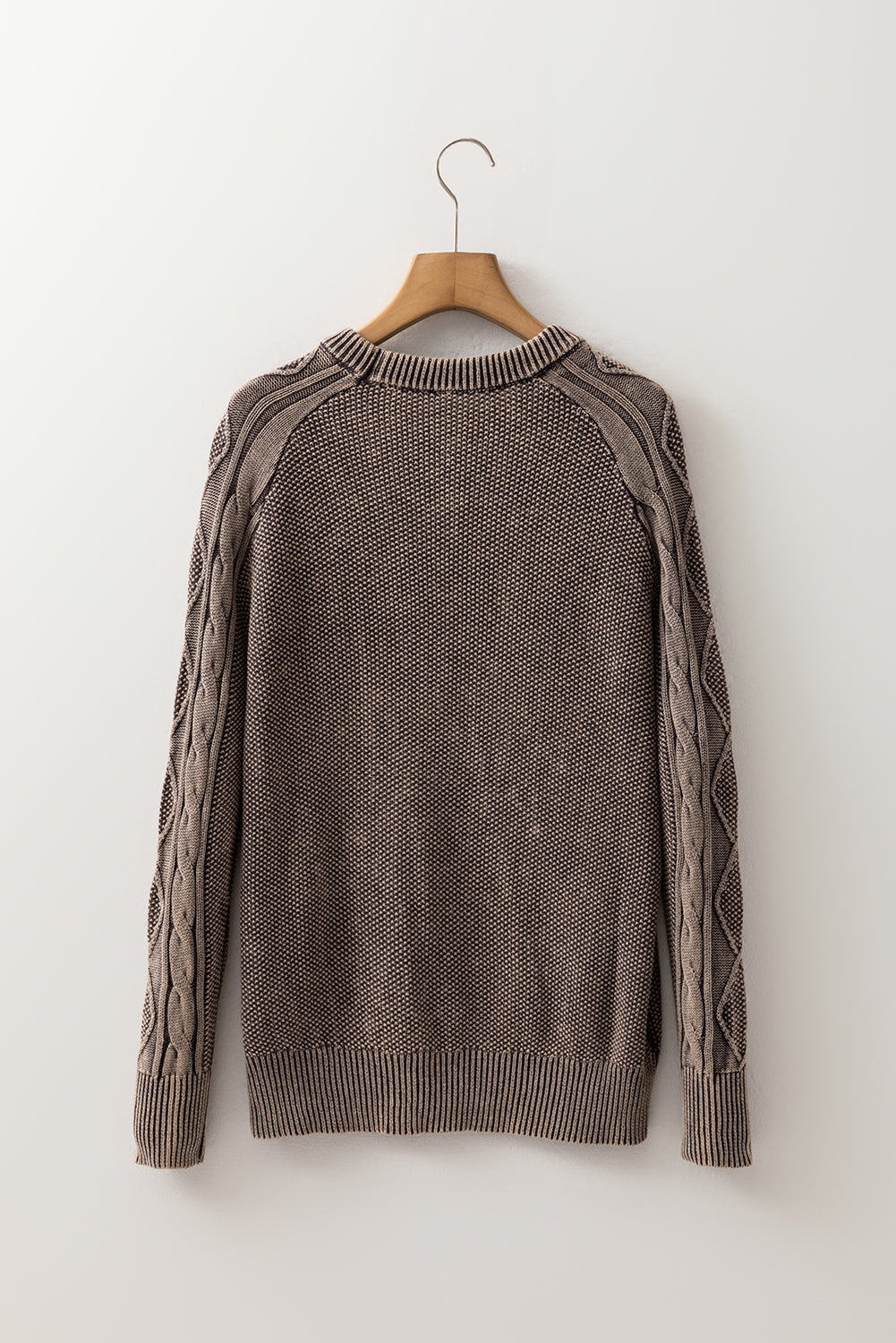 Dark Brown Contrast Cable Knit Sleeve Casual Sweater