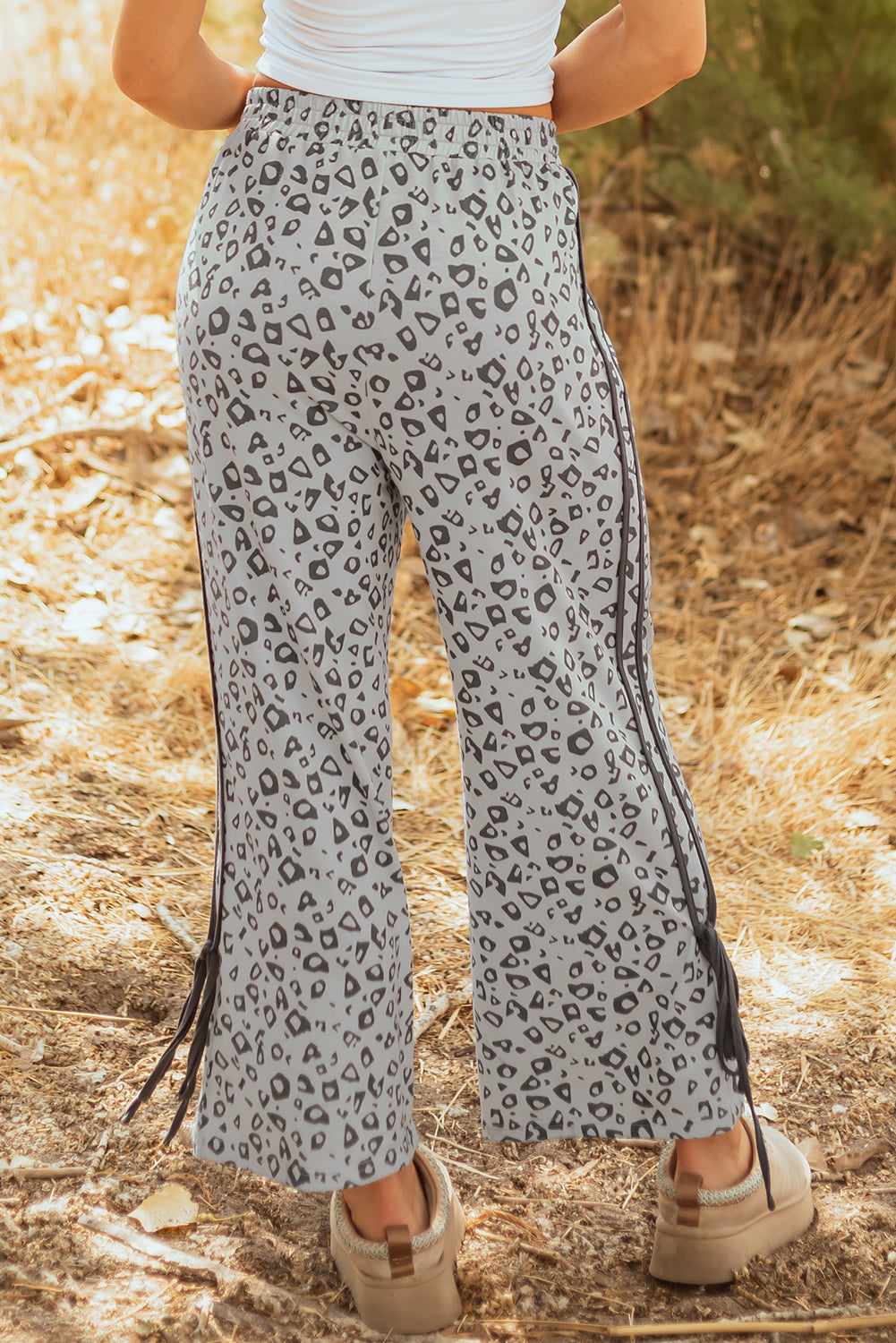 Gray Leopard Tied Leg Straight Cropped Loose Casual Pants