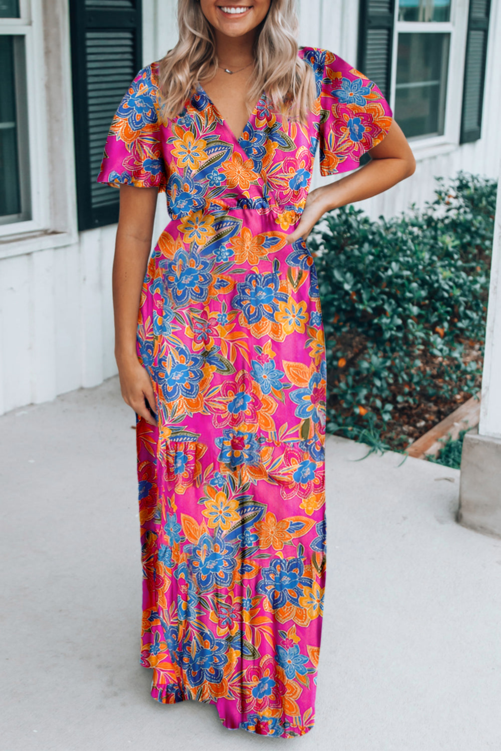 Green Wrap V Neck Floral Maxi Dress