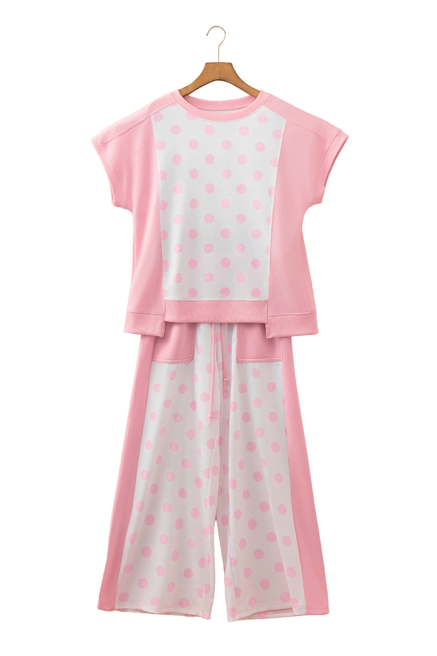 Green Color Block Patchwork Polka Dot Wide Leg Pant Set