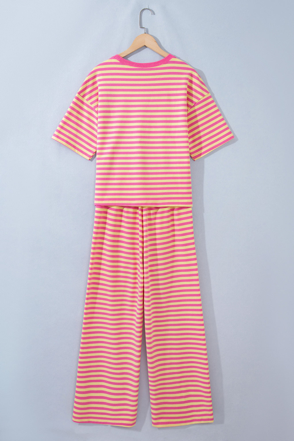 Pink Stripe Colorblock Trim Crew Neck Loose Tee Drawstring Elastic Waist 2pcs Pant Set