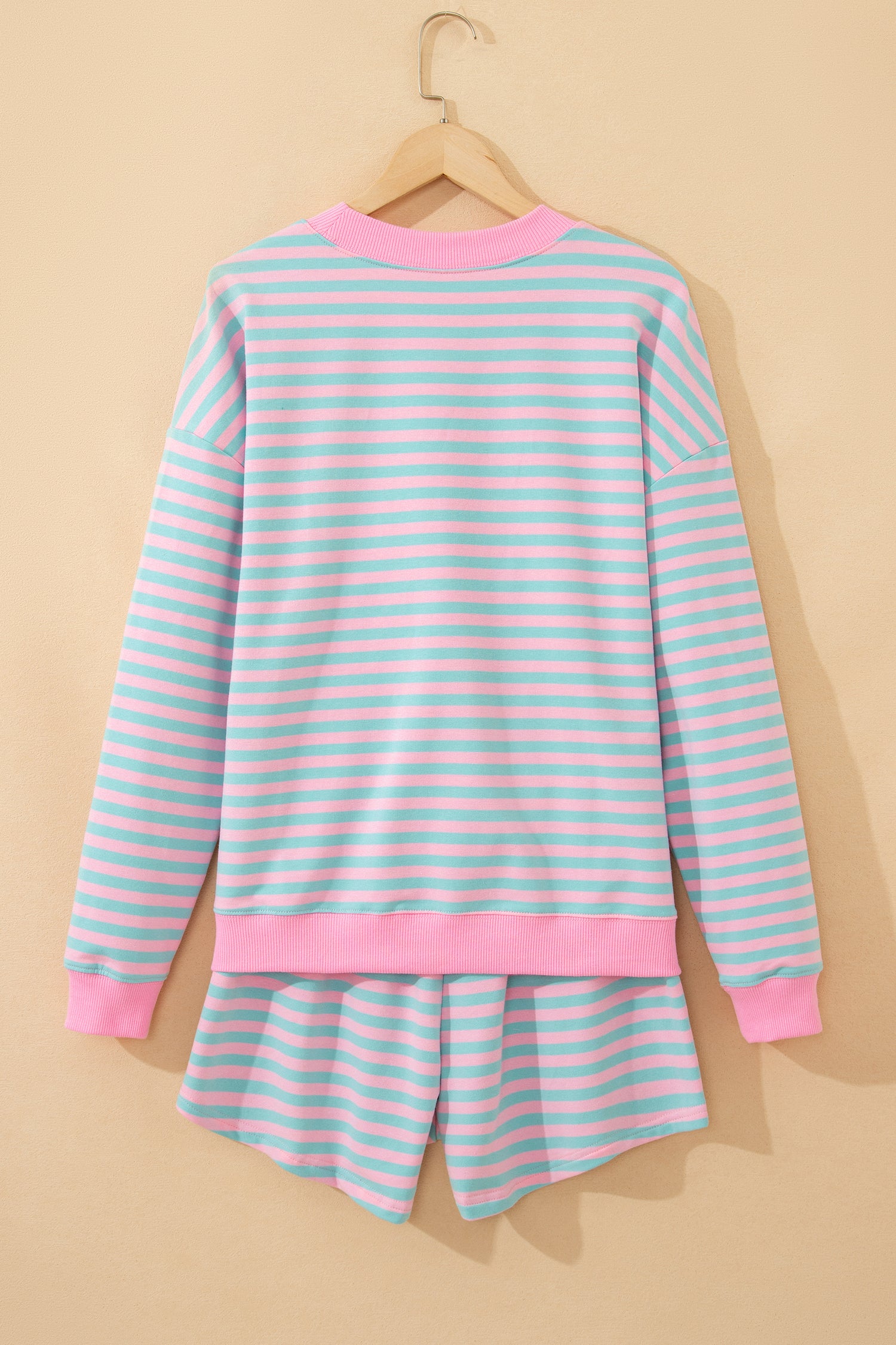 Green Stripe Color Block Detail Long Sleeve Pullover Elastic Waist Pull On Shorts 2pcs Set