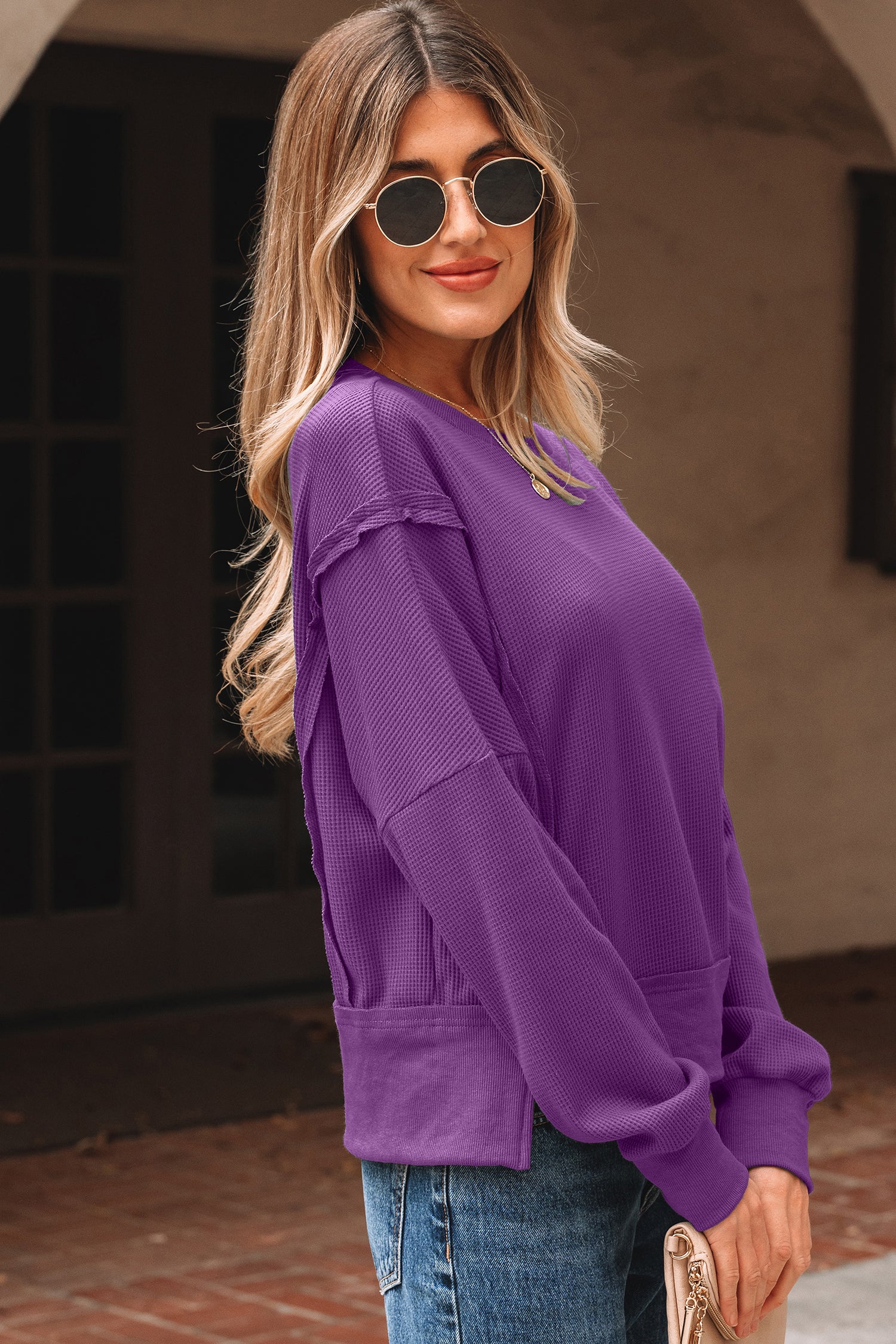 Orchid Mist Solid Color Raw Seam Patchwork Ribbed Drop Shoulder Sweatshirt