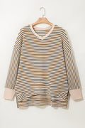 Khaki Stripe Textured Dolman Sleeve High Low Plus Size Top