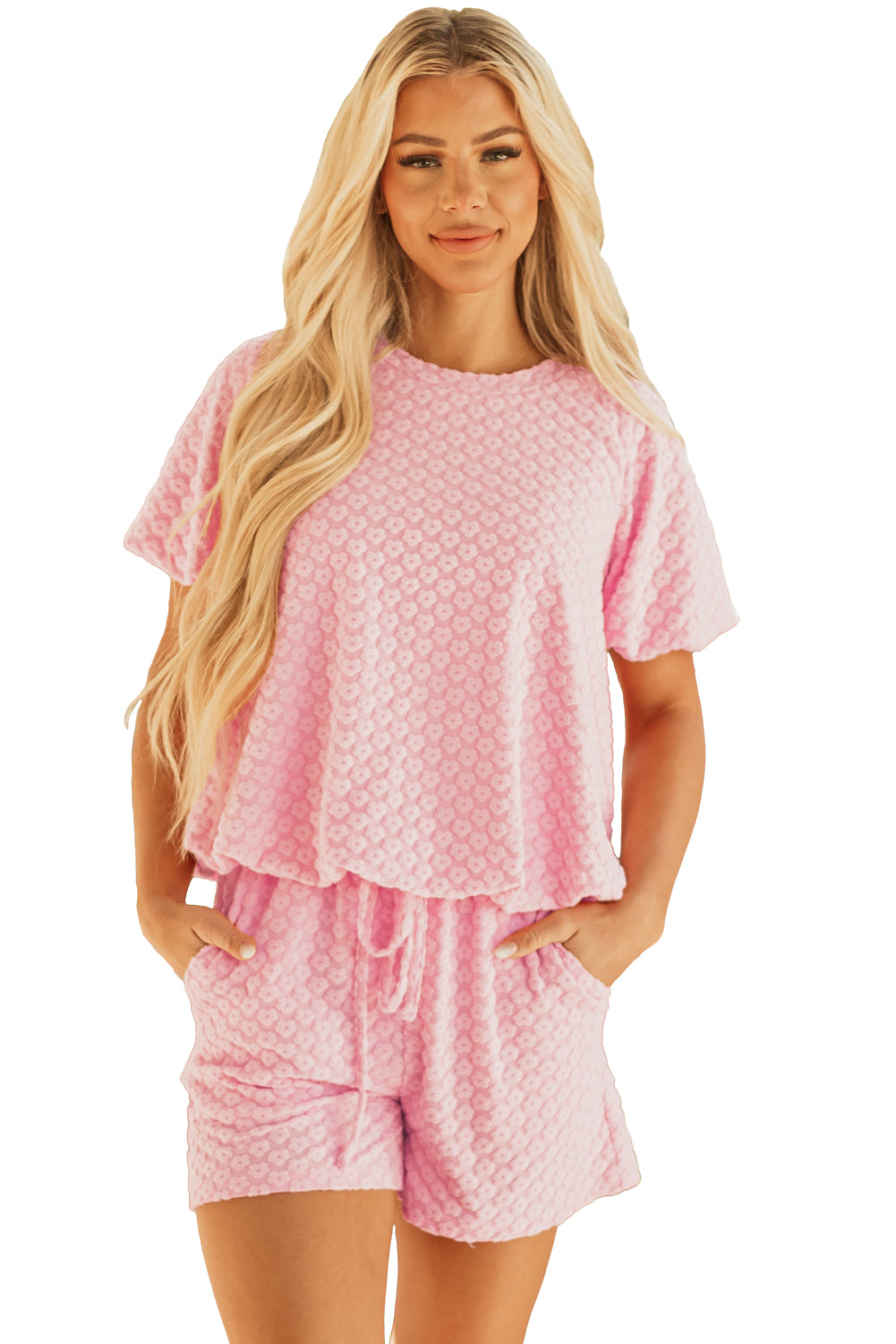 Coral Paradise Daisy Jacquard Textured Casual Short Set