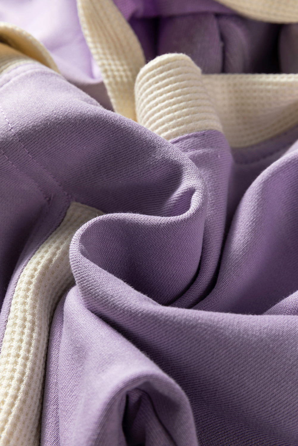 Orchid Petal Waffle Contrast Knit Color Block Patchwork Button Front Oversize Hoodie