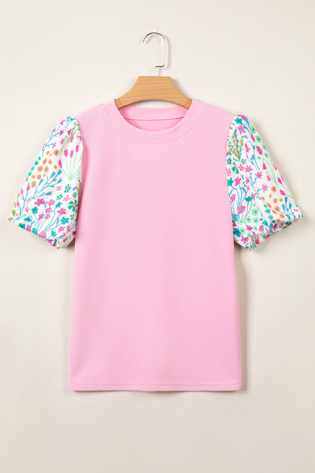 Pink Round Neck Textured Contrast Floral Bubble Sleeve Blouse