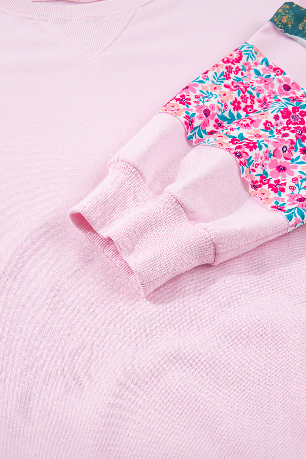 Pink Plus Size Mix Floral Patched Sleeve Ribbed Trim Baggy Sweatshirt