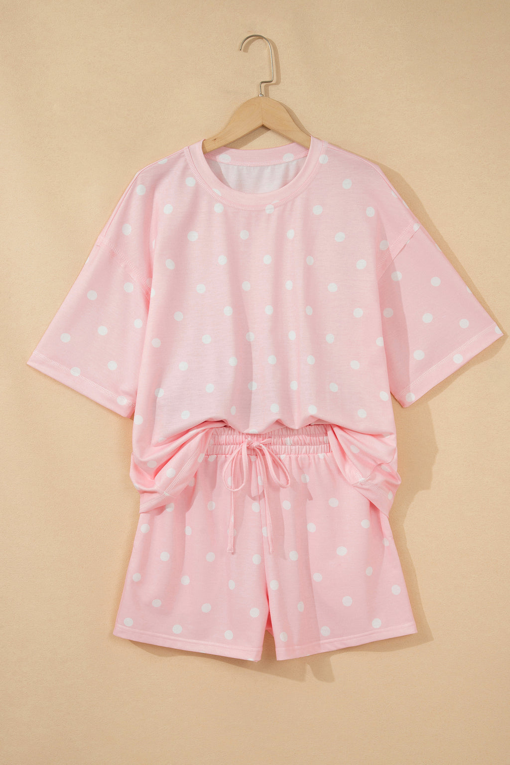 Pink Exposed Seam Detail Polka Dot Loose Tee Drawstring Shorts Set