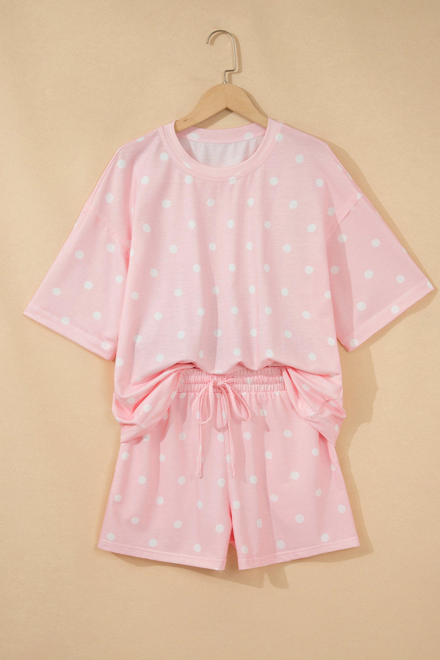 Pink Exposed Seam Detail Polka Dot Loose Tee Drawstring Shorts Set