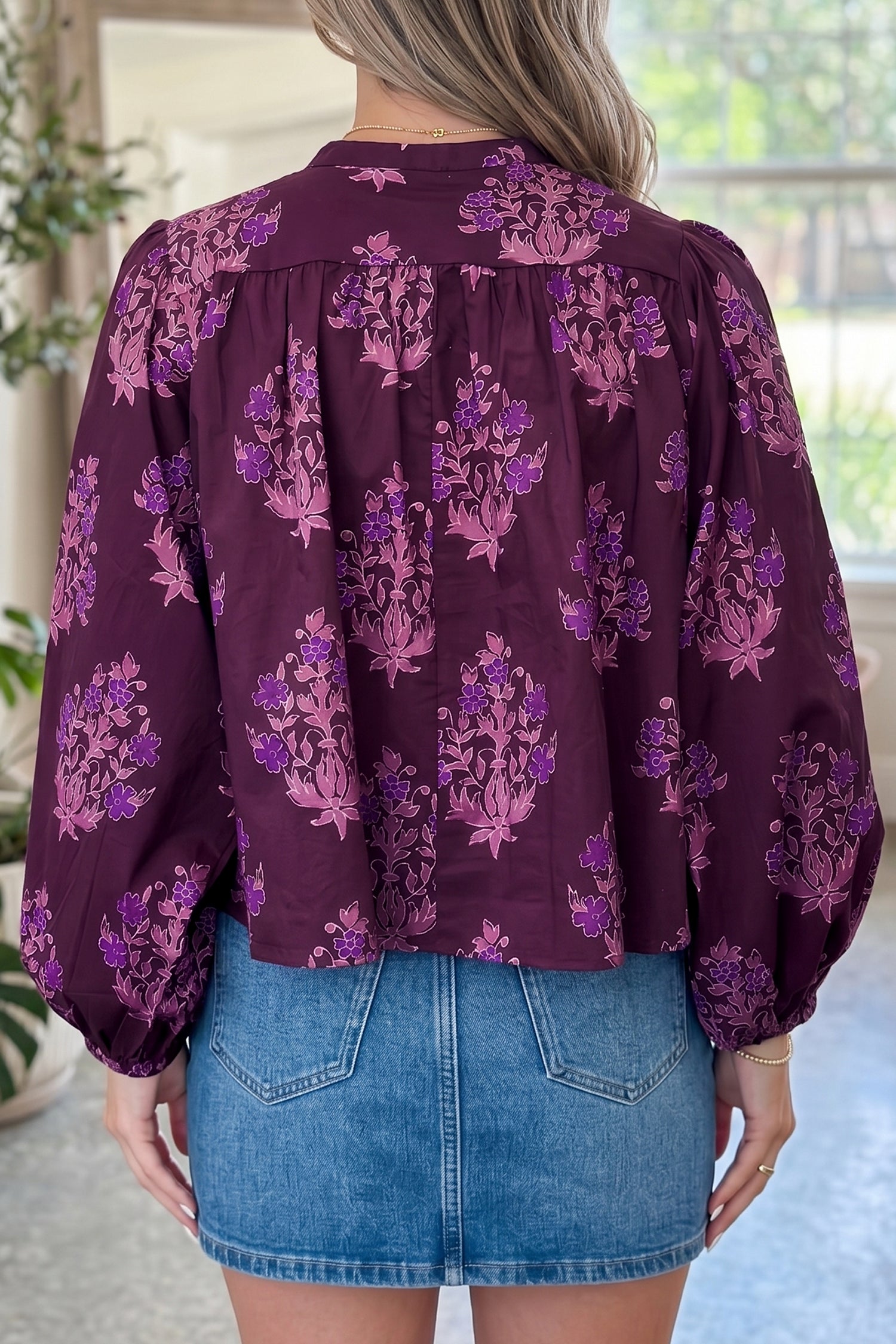 Purple Floral Print Button Front Long Sleeve Round Neck Casual Shift Top