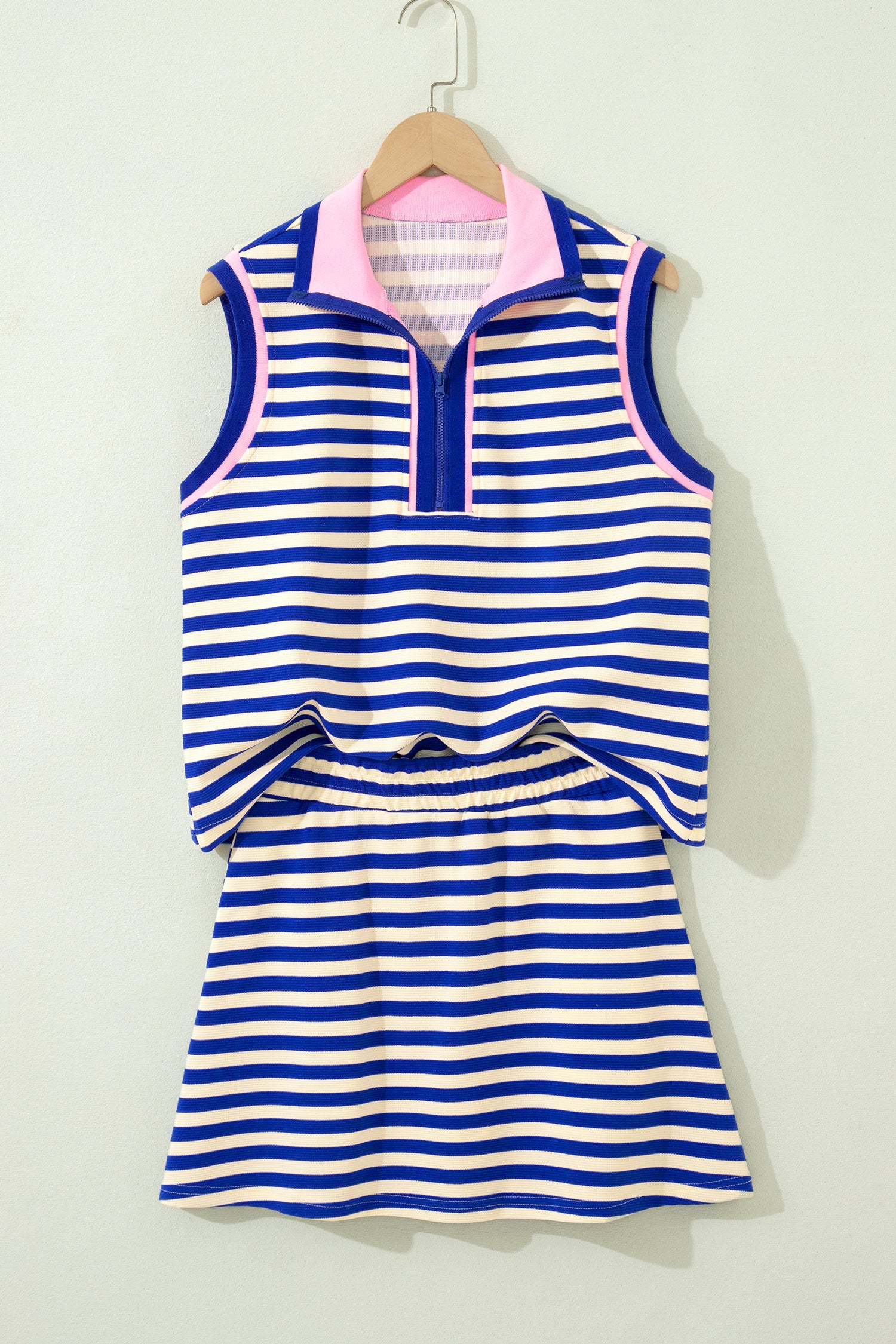 Sachet Pink Textured Stripe Print Contrast Trim Zip Collar Sleeveless 2pcs Skort Set