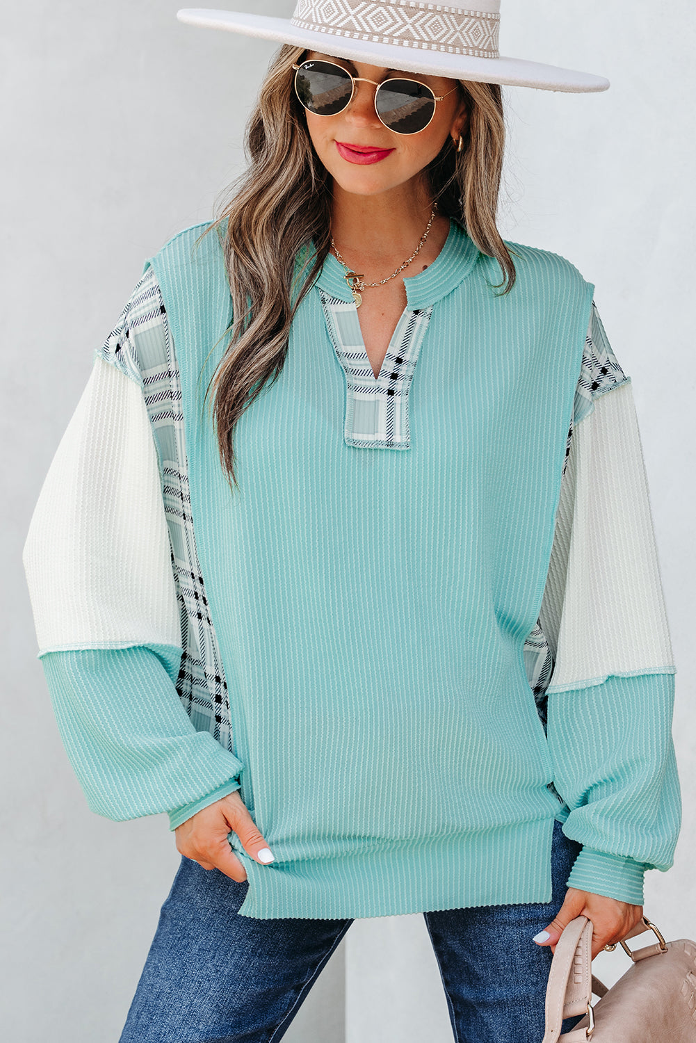 Aruba Blue Corded Texture Plaid Colorblock Patchwork Split Neck Long Sleeve Top
