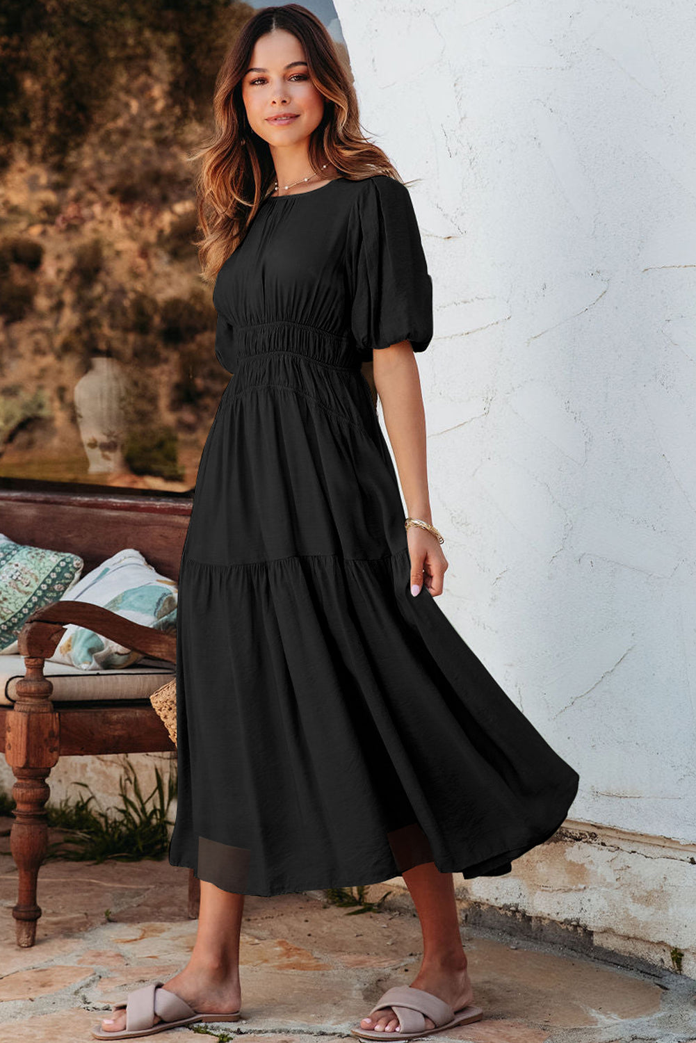 Grapefruit Orange Puff Sleeve Pleated High Waist Flowy Long Dress