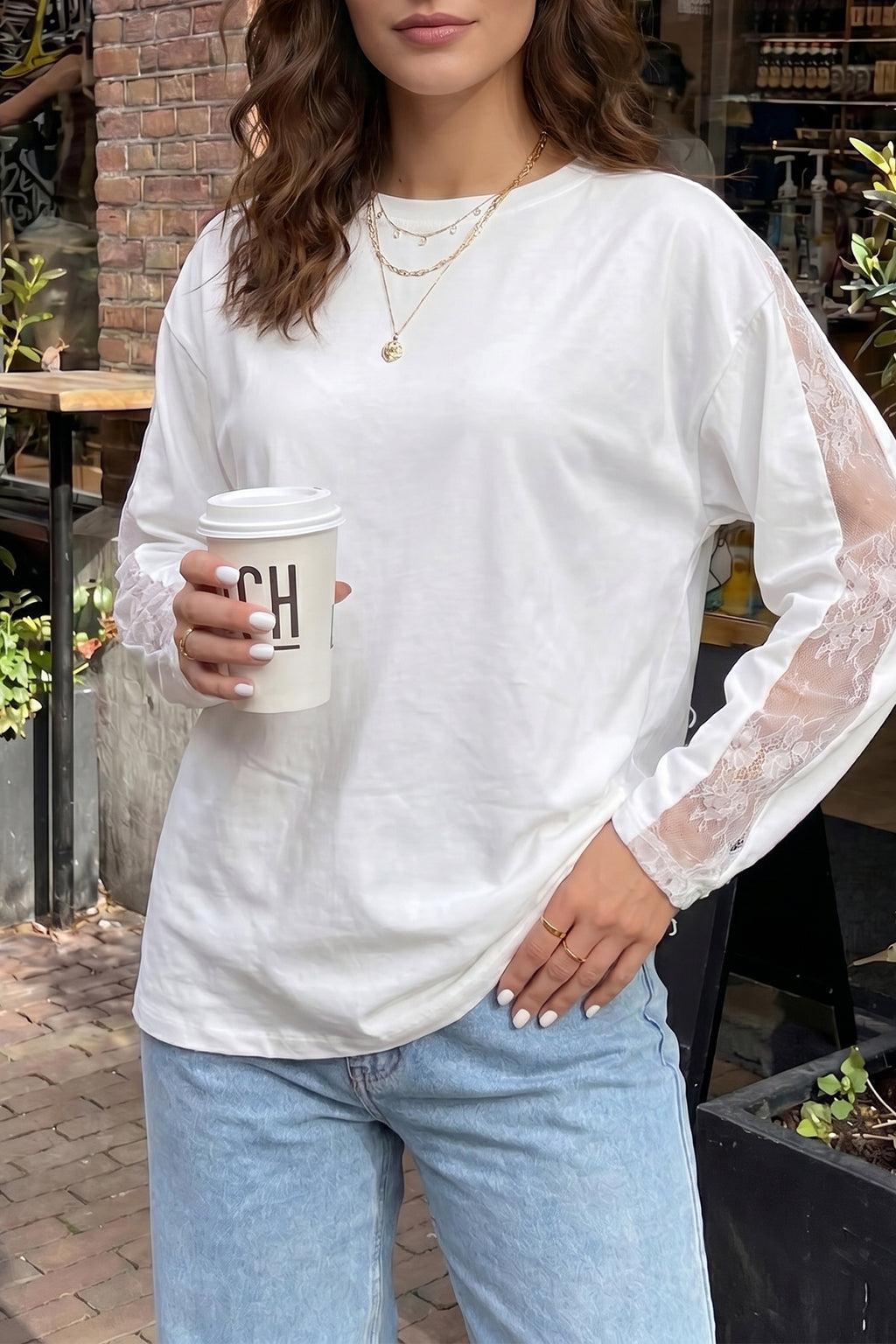 White Lace Patchwork Round Neck Casual Long Sleeve Top