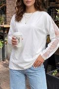 White Lace Patchwork Round Neck Casual Long Sleeve Top