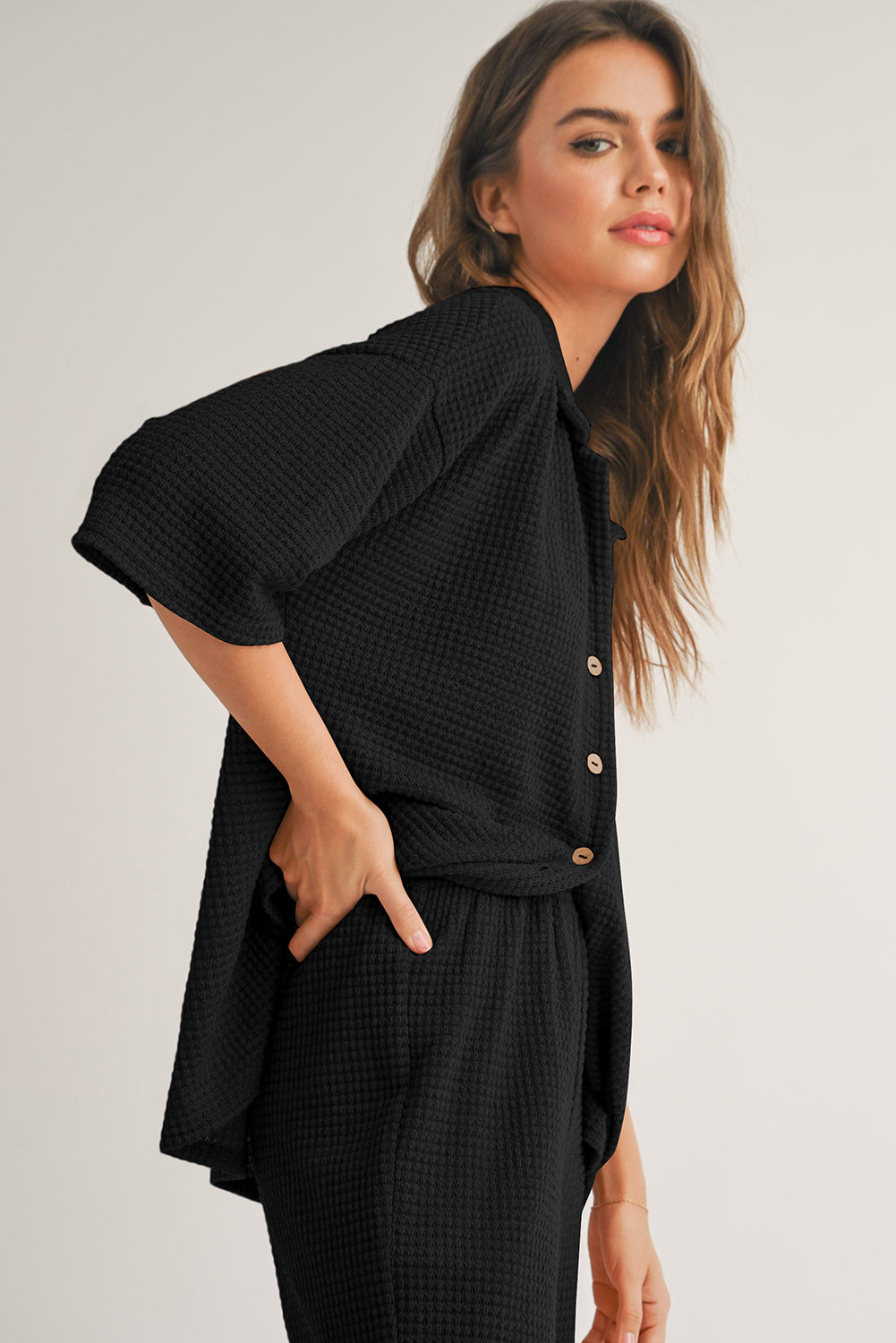 Four Leaf Clover Solid Color Textured Buttoned Shirt and Casual Pants Set