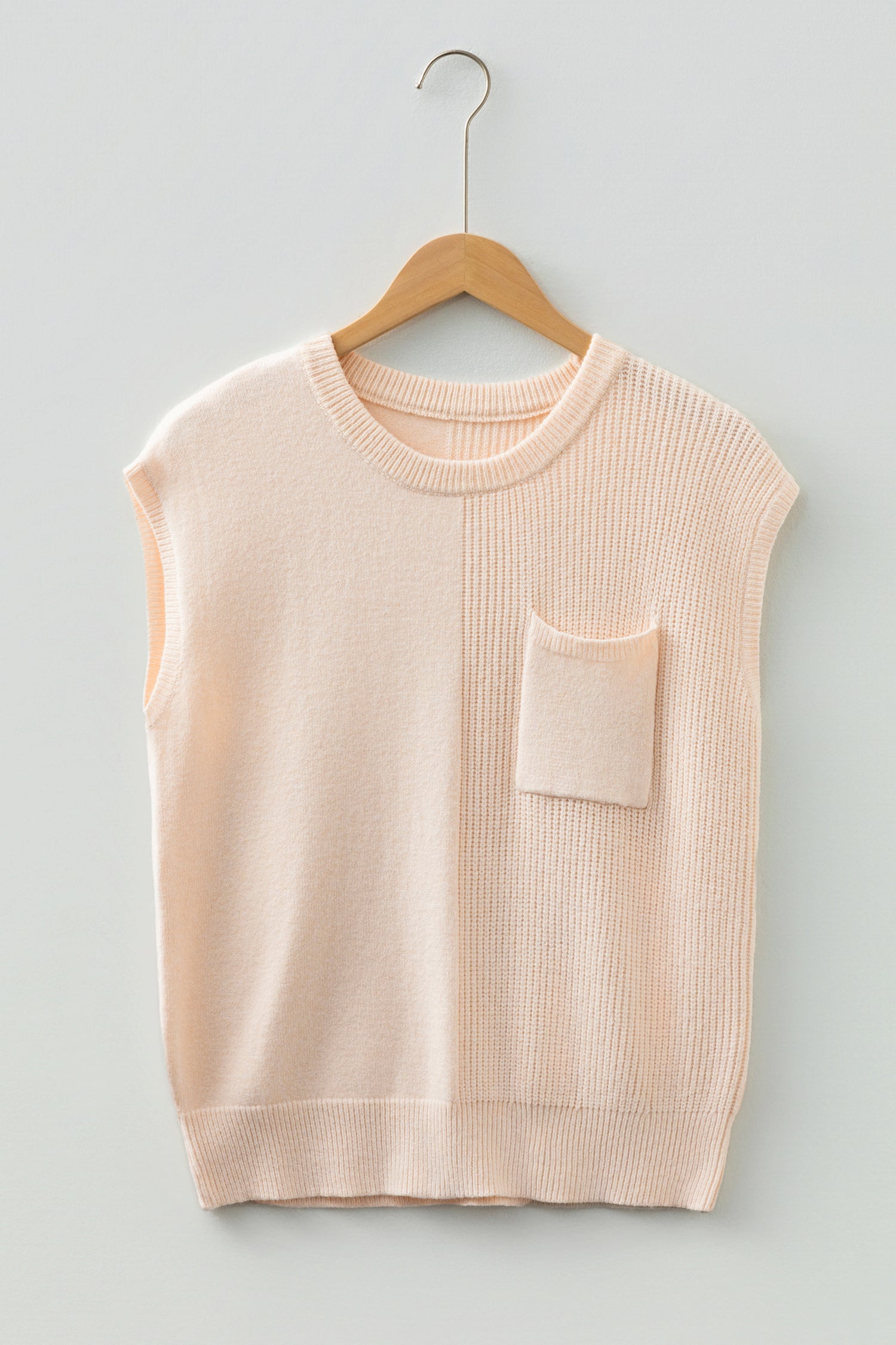 Jet Stream Solid Color Mixed Knits Patch Pocket Short Sleeve Sweater