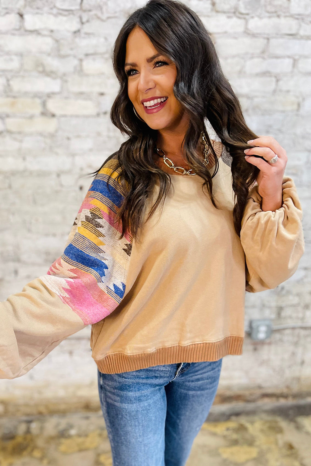Light French Beige Aztec Patchwork Raglan Pullover Sweatshirt