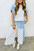 Green Color Block Patchwork Polka Dot Wide Leg Pant Set
