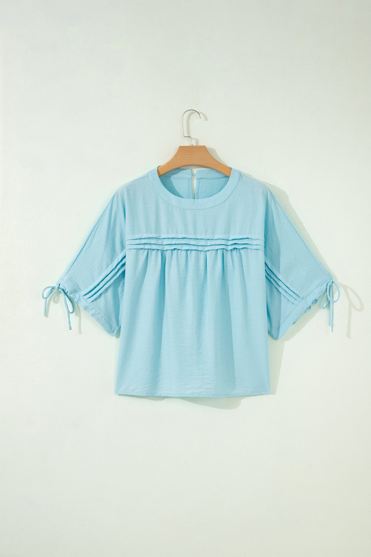 Meadow Mist Green Tie Half Sleeve Pleated Detail Babydoll Blouse
