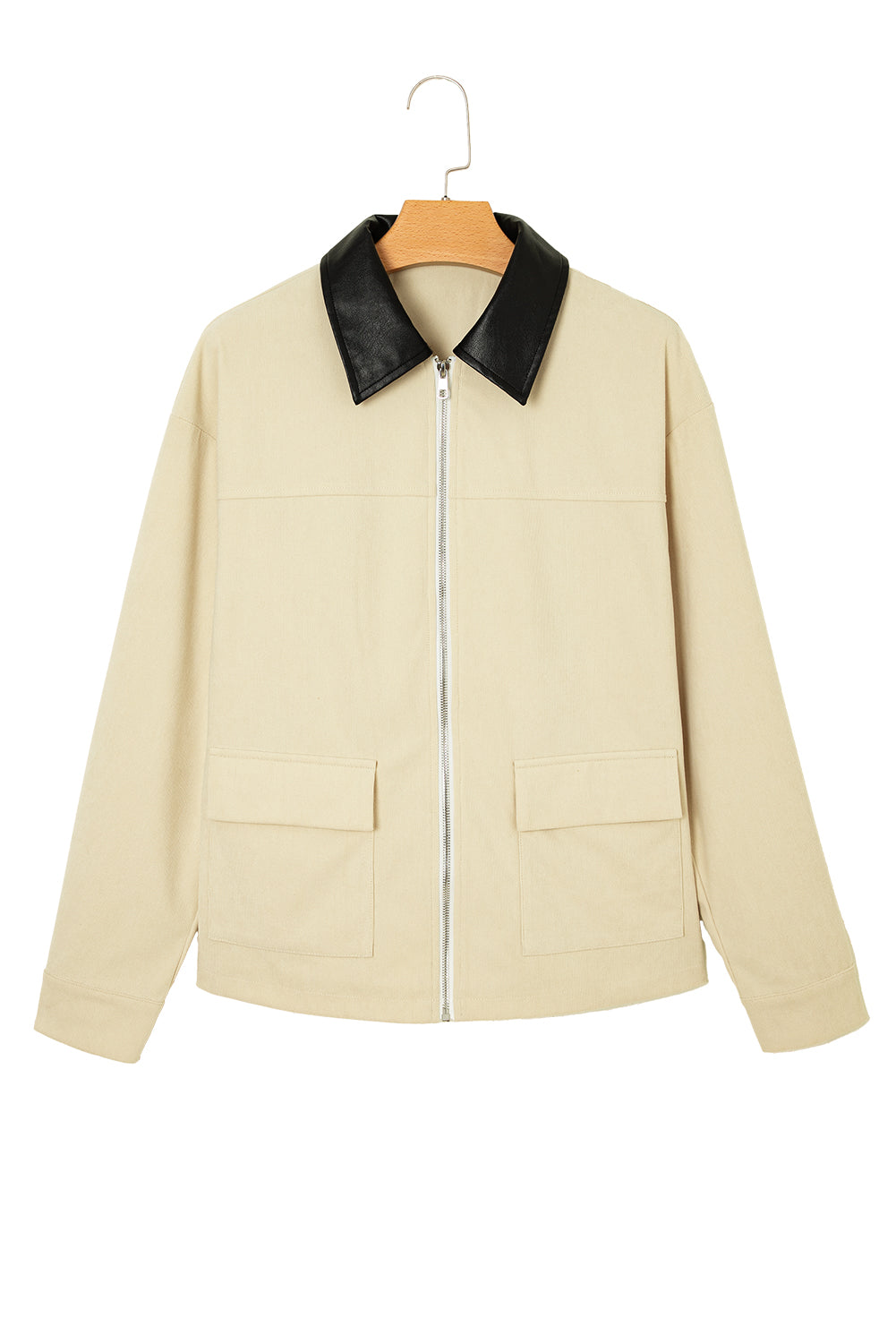 Parchment Contrast Leather Collar Textured Zip Up Jacket