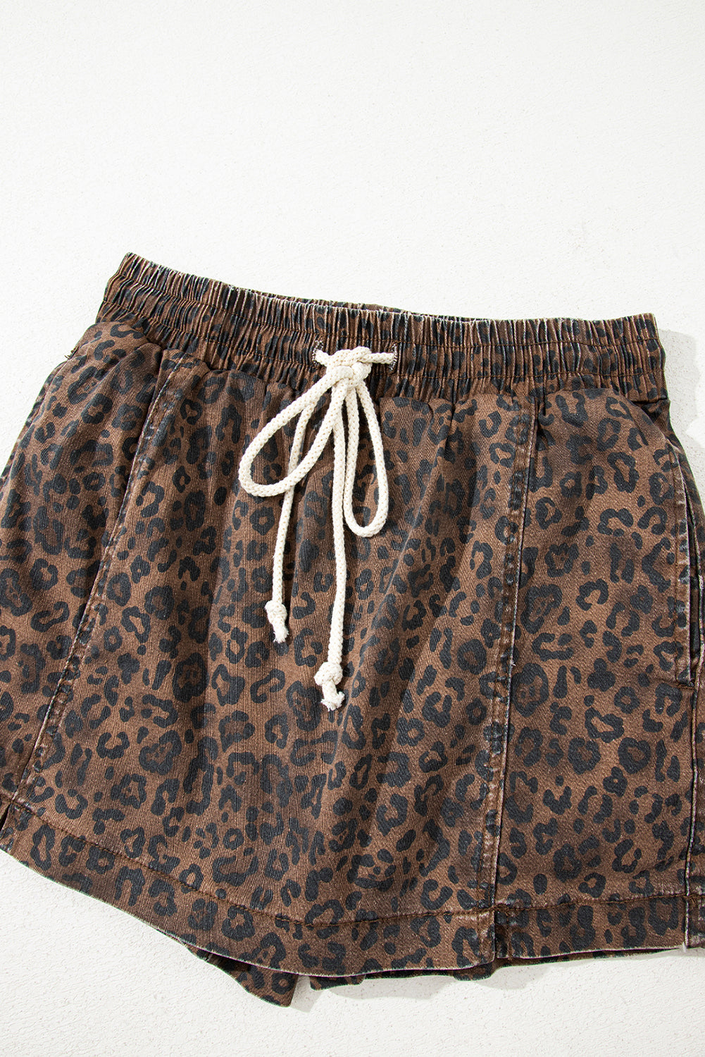 Brown Leopard Print Elastic Waist Drawstring Denim Skort