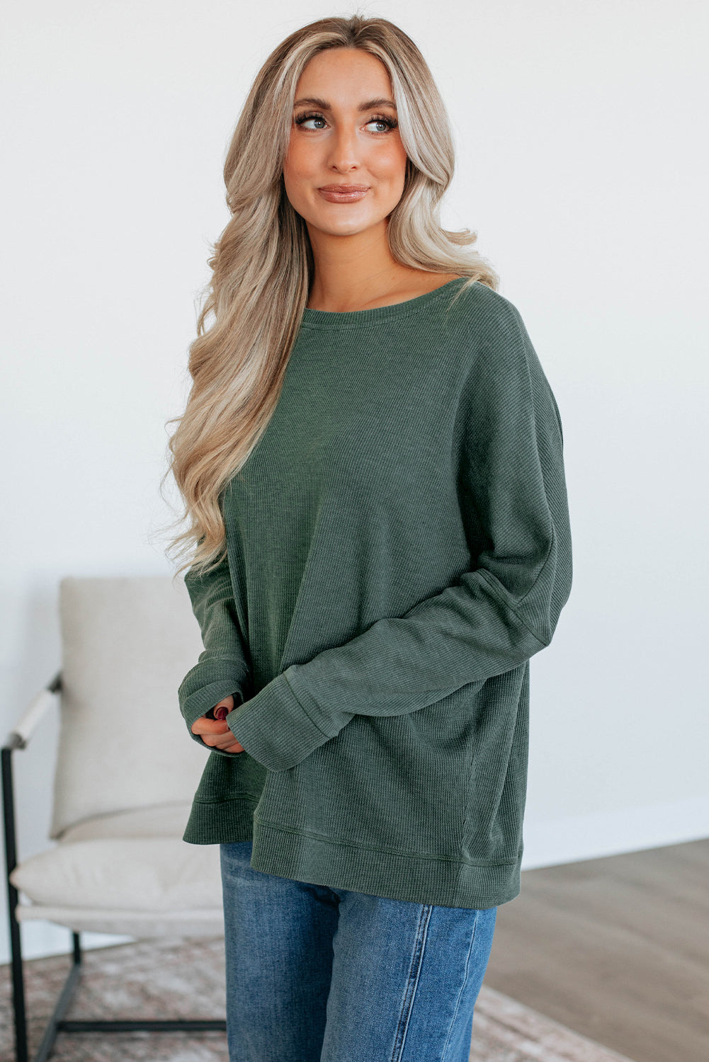 Bright Pink Waffle Knit Patchwork Long Sleeve Loose Top