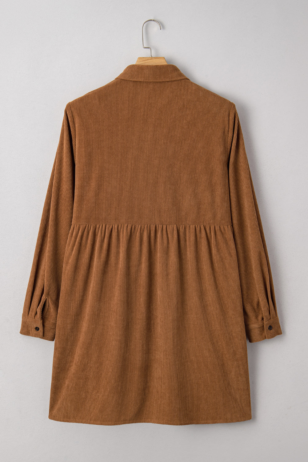 Camel Corduroy Full Buttoned Collared Shirt Style Plus Size Dress