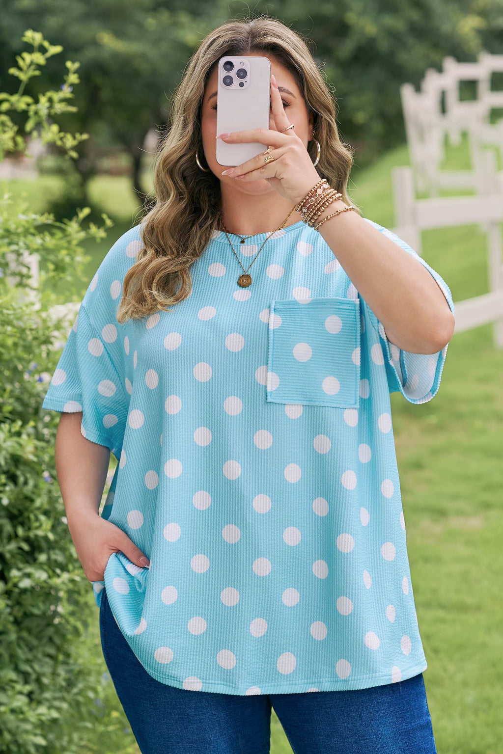 Pink Twisted Rib Polka Dot Print Plus Size T Shirt