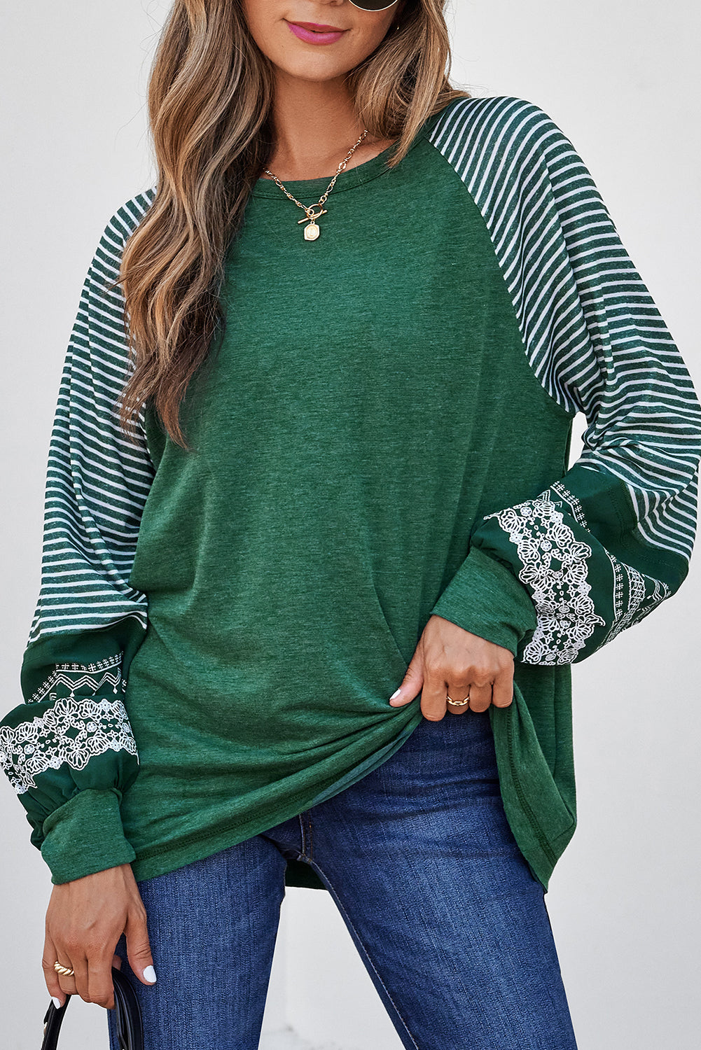 Mineral Red Contrast Print Striped Raglan Long Sleeve Loose Top