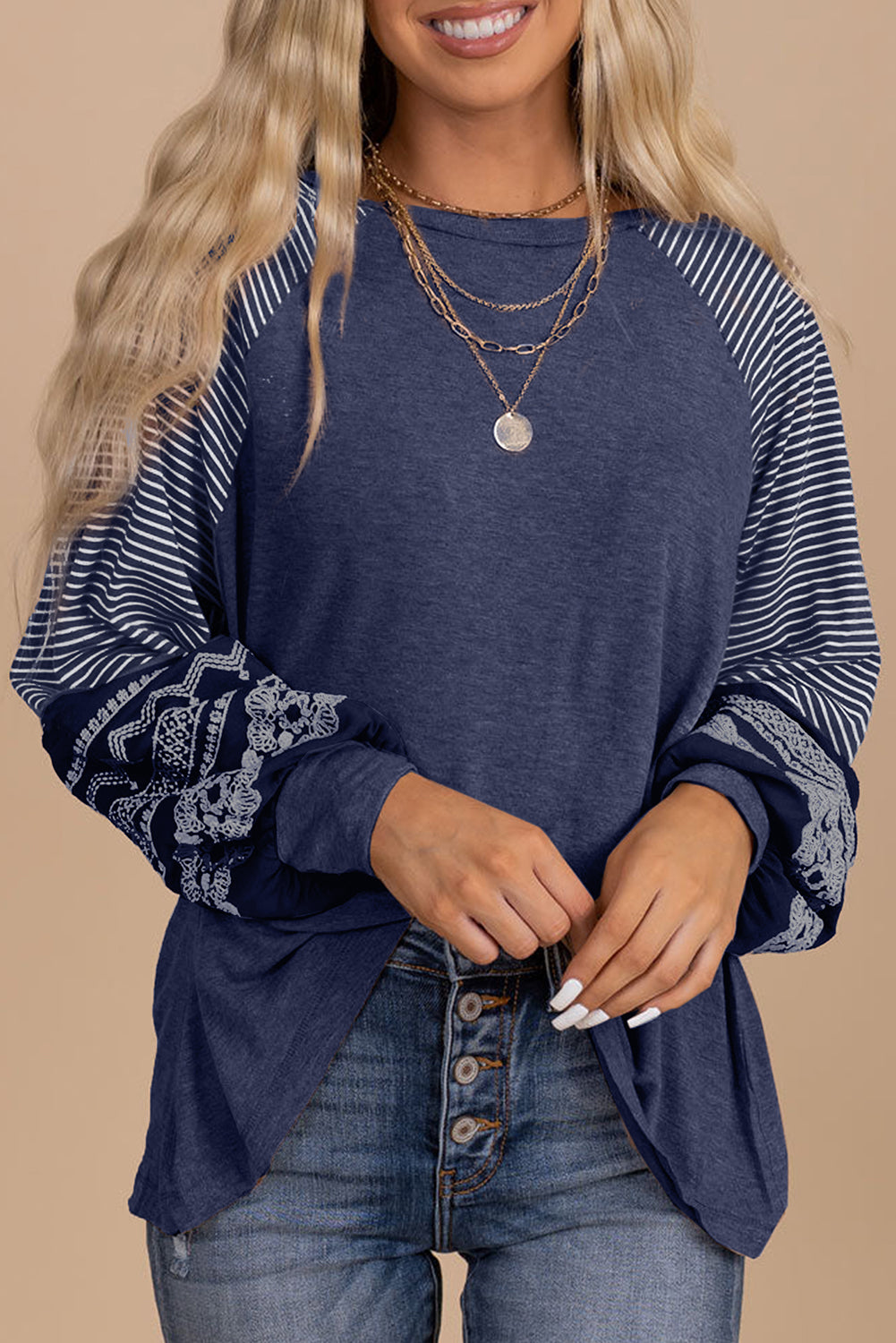 Mineral Red Contrast Print Striped Raglan Long Sleeve Loose Top