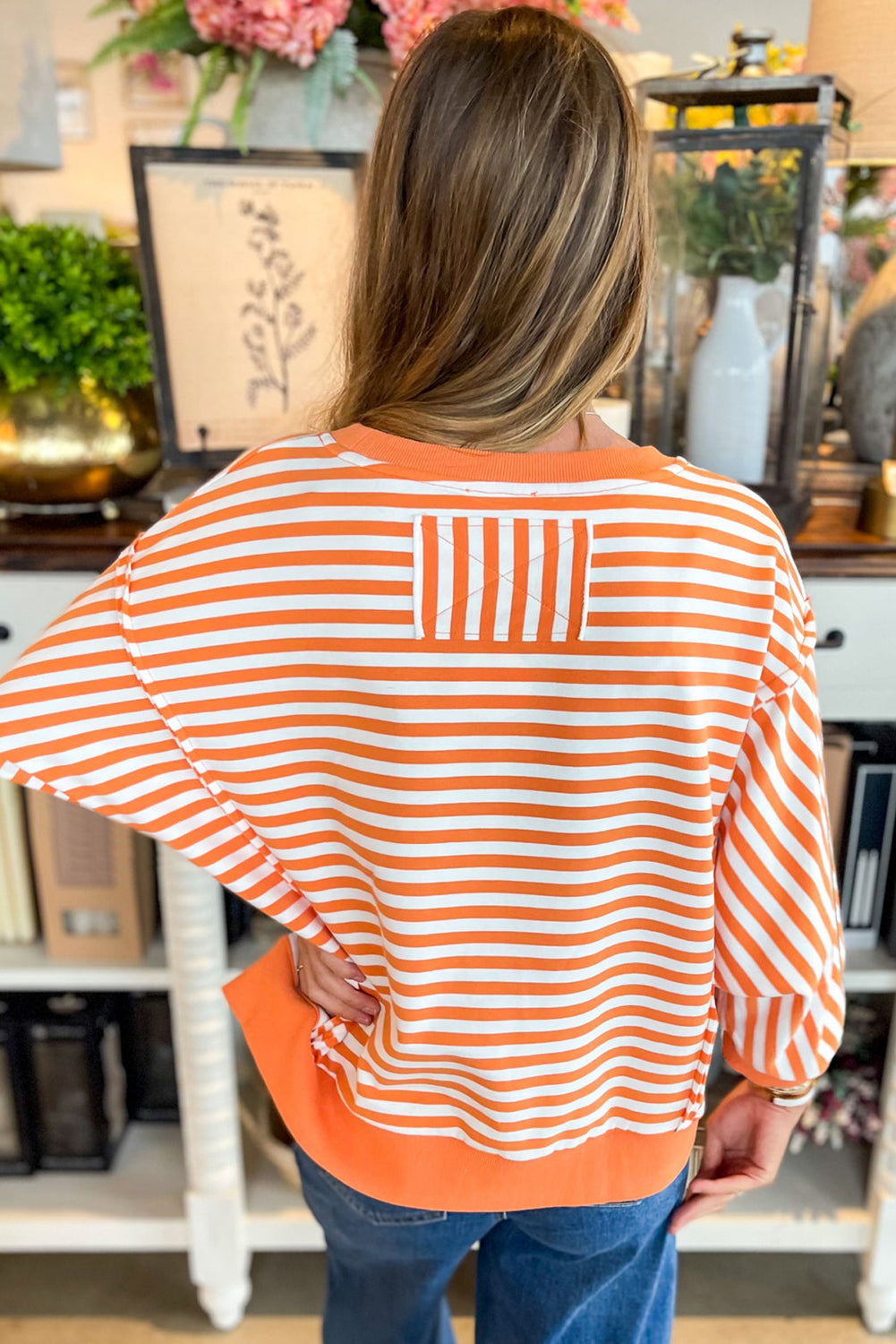 Red Stripe Exposed Seam Drop Shoulder Casual Pullover Top