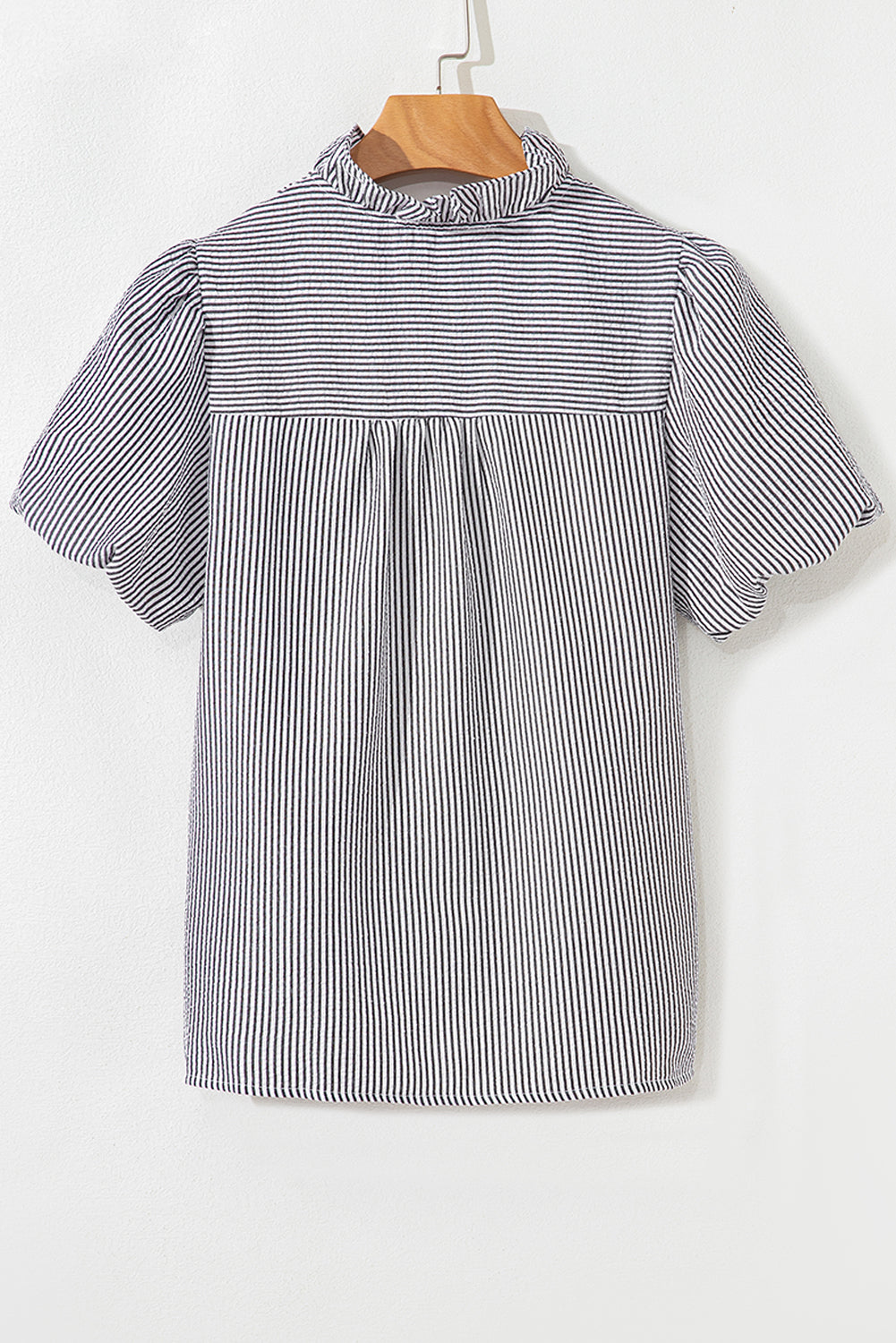 White Striped Ruffle Short Bubble Sleeve Shirt