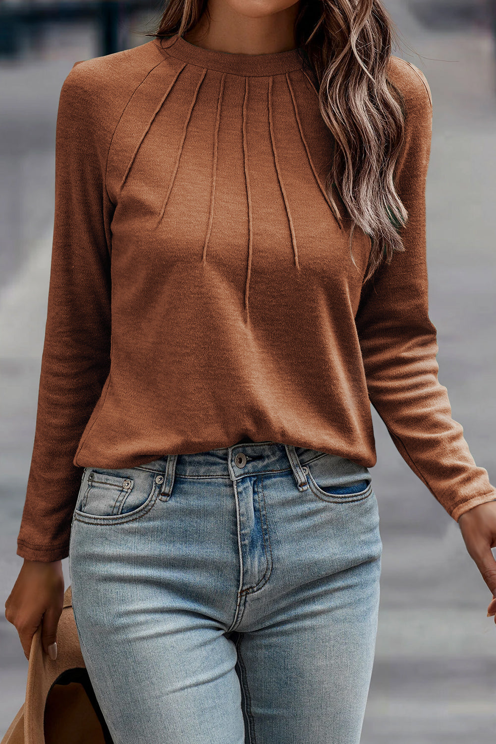Black Solid Color Seam Detail Raglan Long Sleeve Top
