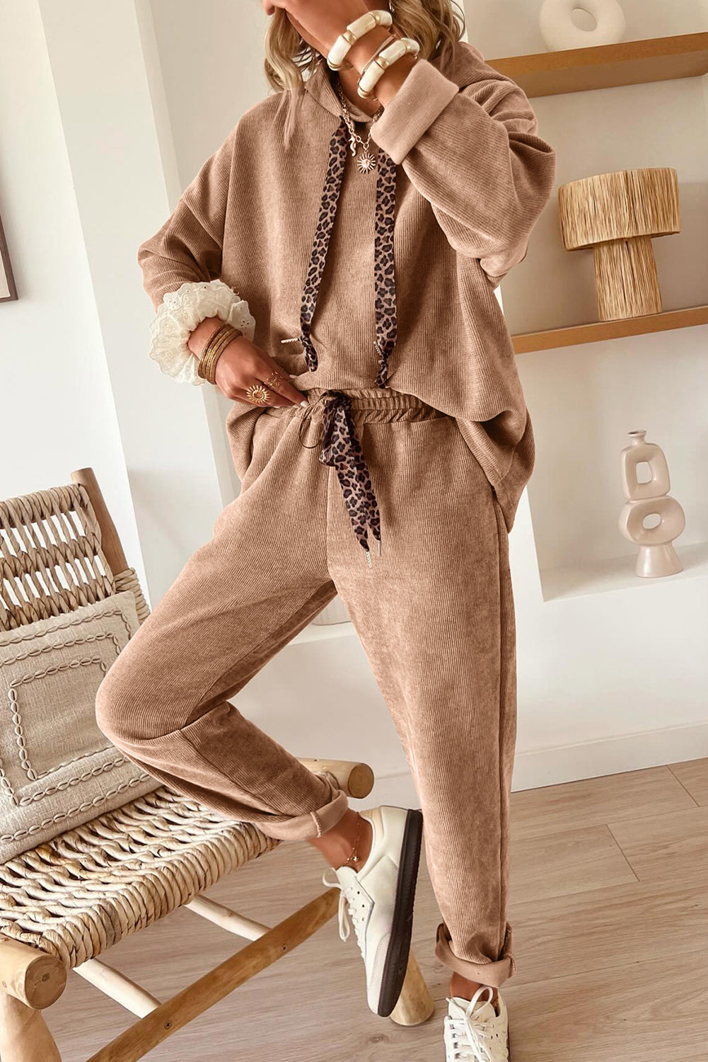 Casual Lace Drawstring Pullover Hoodie and High Waist Pants Corduroy Suit