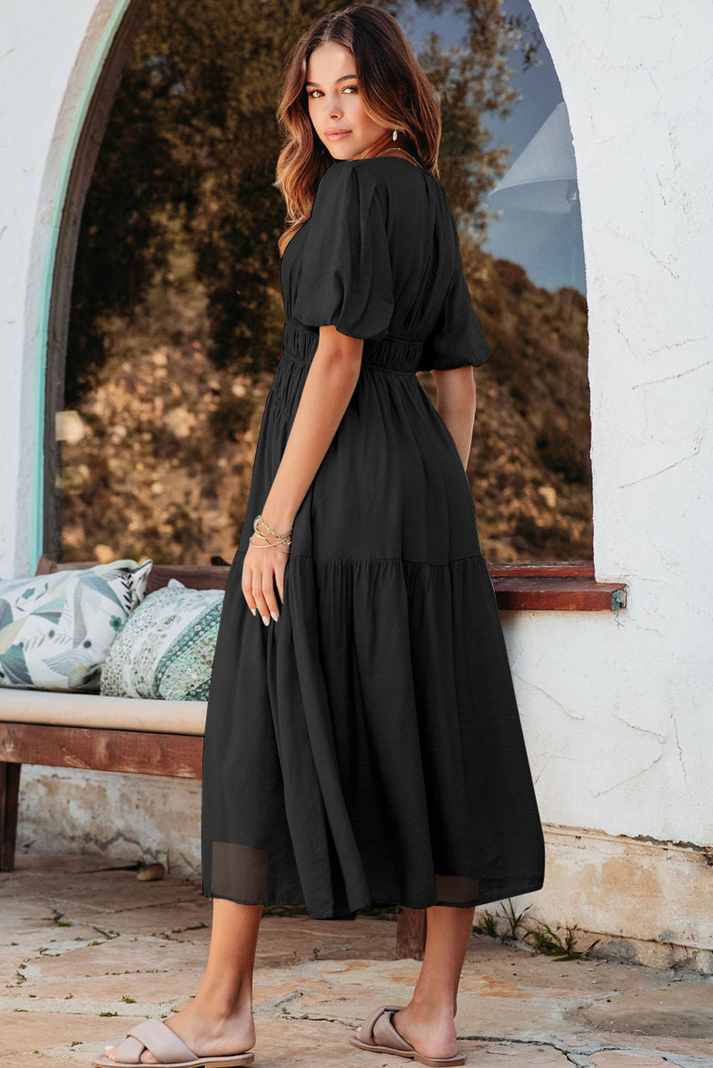 Grapefruit Orange Puff Sleeve Pleated High Waist Flowy Long Dress