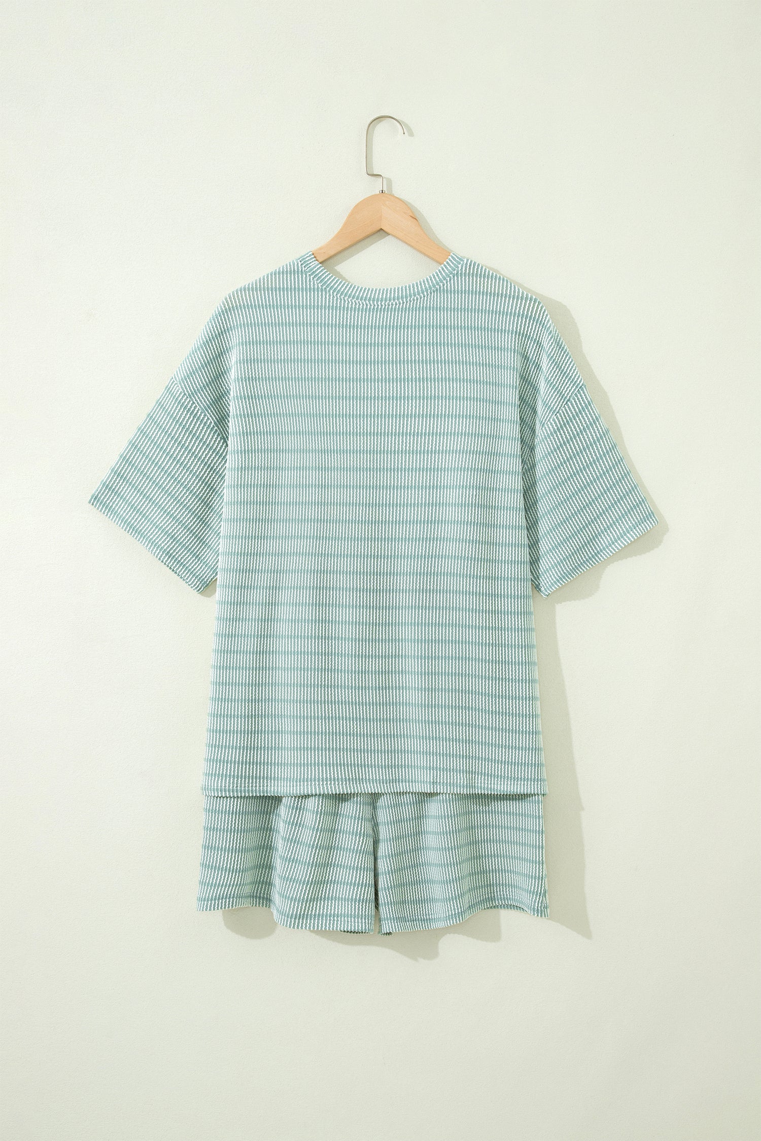 Rose Stripe Raised Rib Loose Tee Drawstring Elastic Waist 2pcs Short Set
