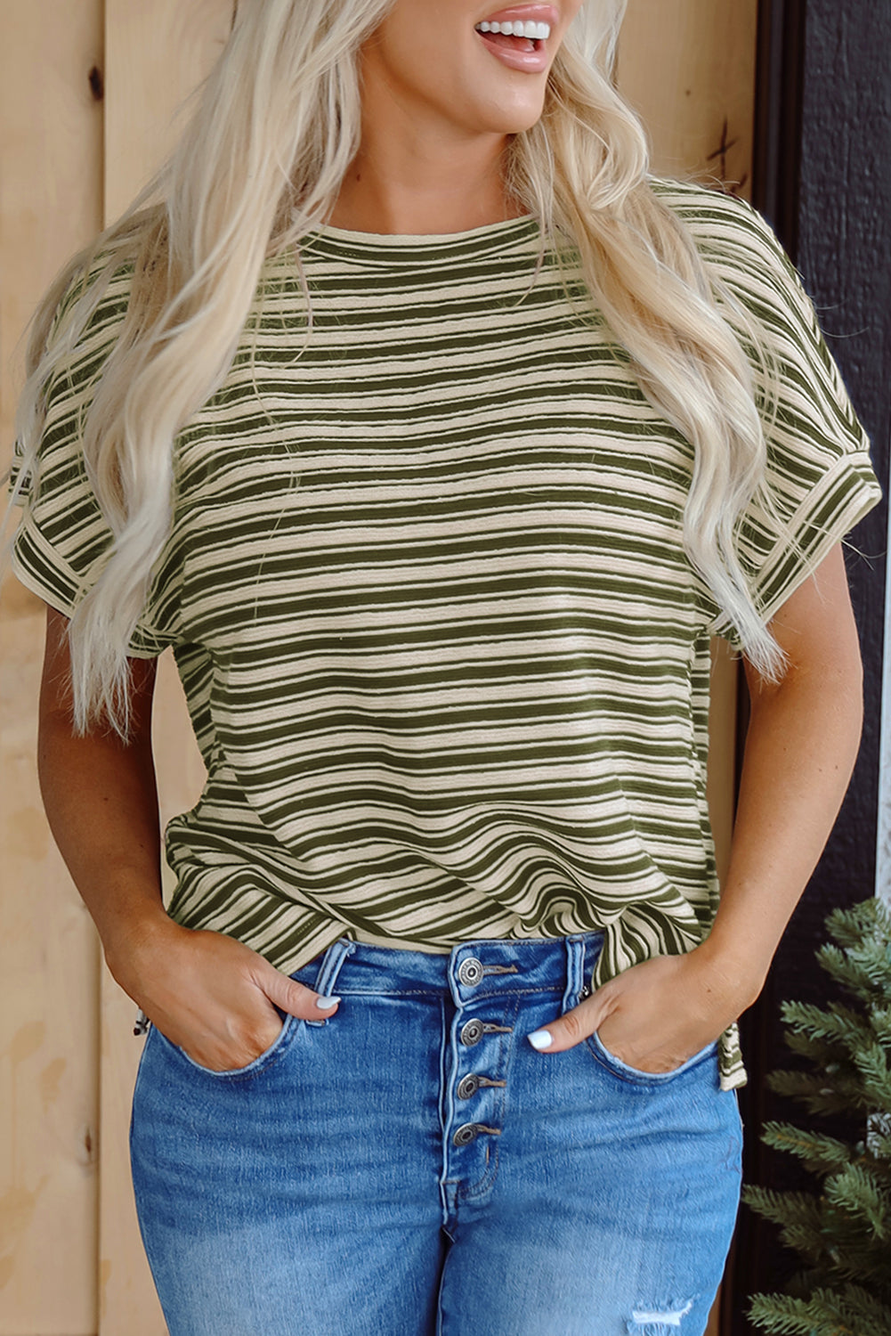 Green Stripe Textured Side Slits Crew Neck T Shirt