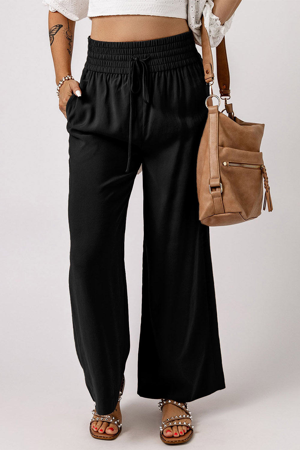 Blue Drawstring Elastic Waist Casual Wide Leg Pants